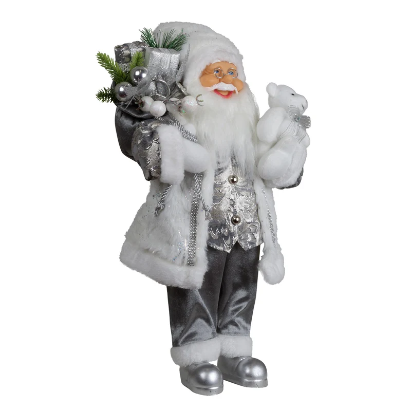 Weihnachtsmann 45 cm stehend mit Kurzem Mantel Teddybär & Geschenken