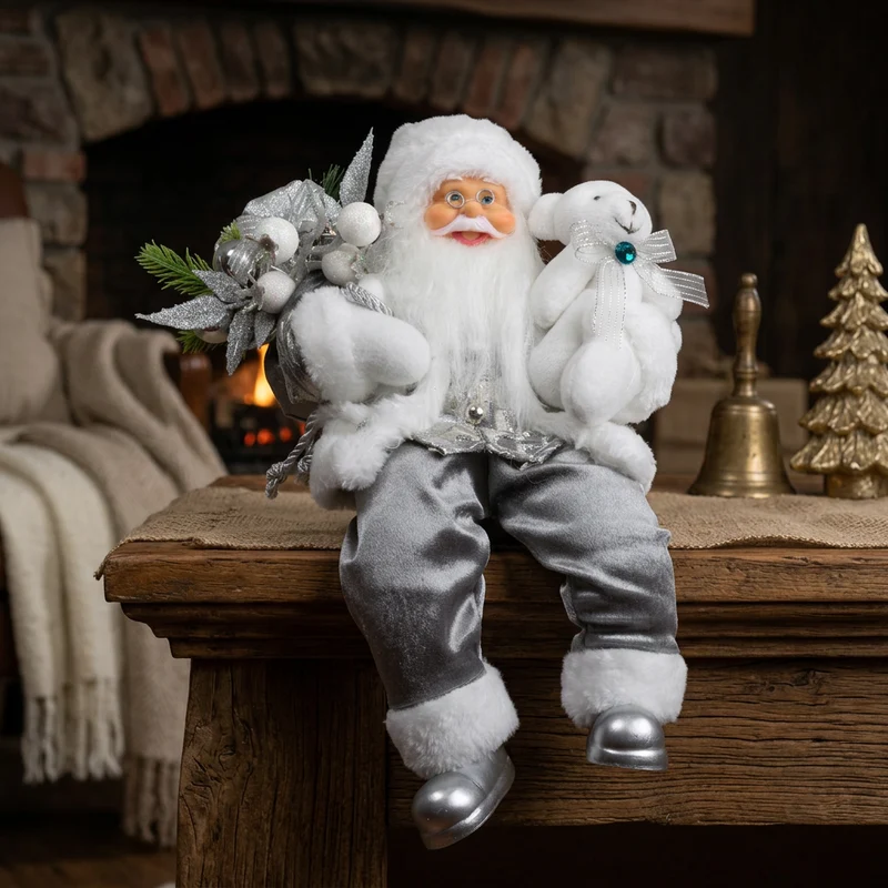 Weihnachtsmann 30 cm Santa mit Kurzem Mantel Teddybär & Geschenken Kantenhocker