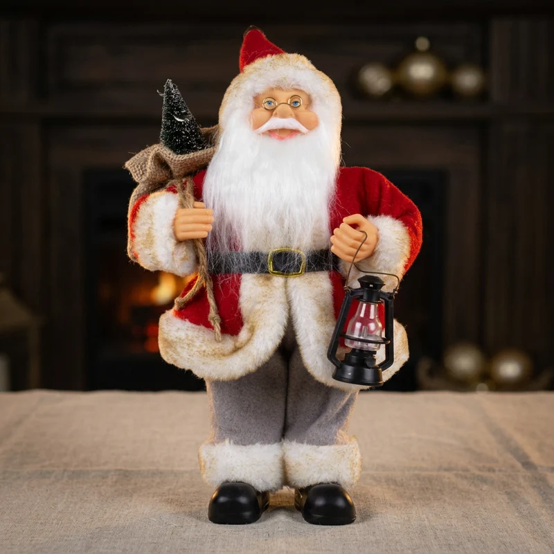 Weihnachtsmann stehend 25cm Santa Claus Dekofigur mit Laterne und Jutesack