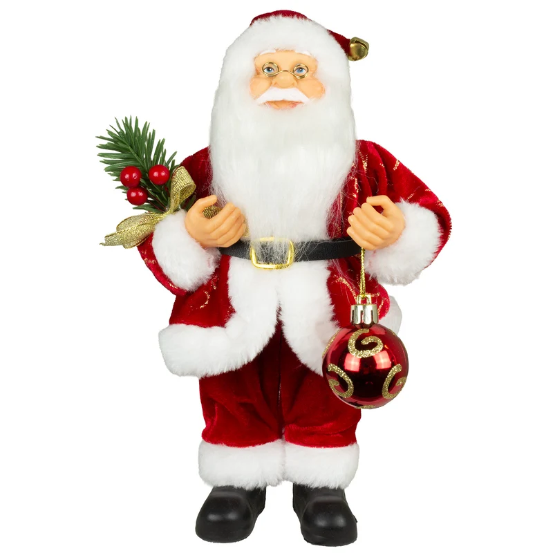 Weihnachtsmann stehend 25cm, Santa Claus Dekofigur rot mit Kugel und Tannenzweigen