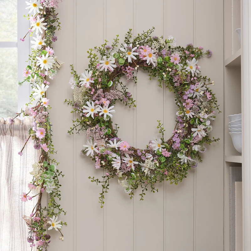 2er Set LED-Blumenkranz & Girlande mit Margeriten in Pastell