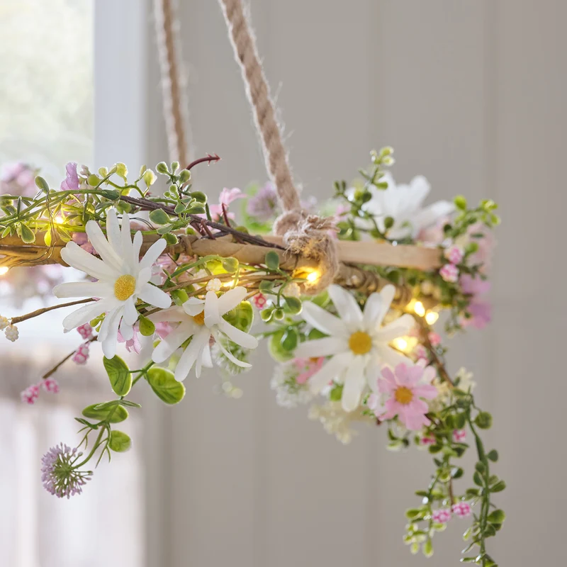 2er Set LED-Blumenkranz & Girlande mit Margeriten in Pastell