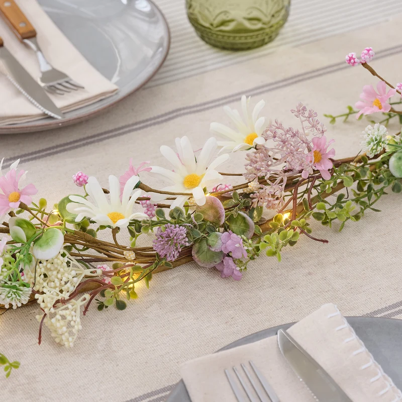 2er Set LED-Blumenkranz & Girlande mit Margeriten in Pastell
