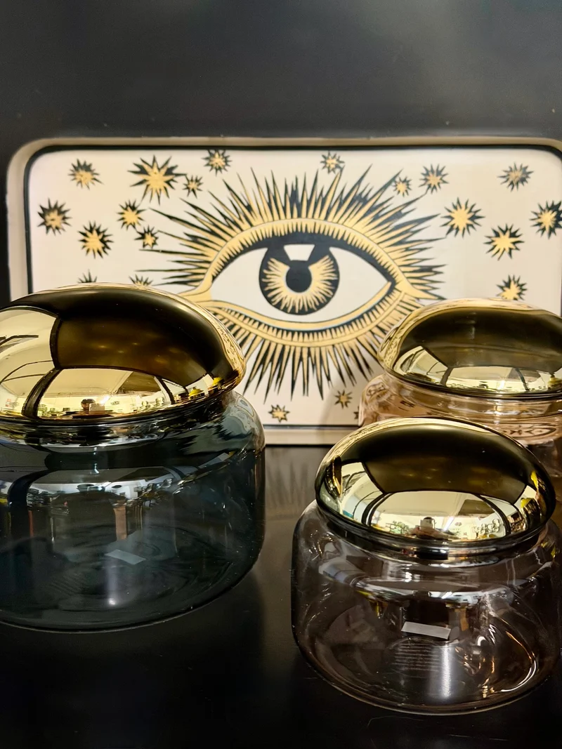 Glasdose VOILE S aus Borosilikatglas – Grau & Gold