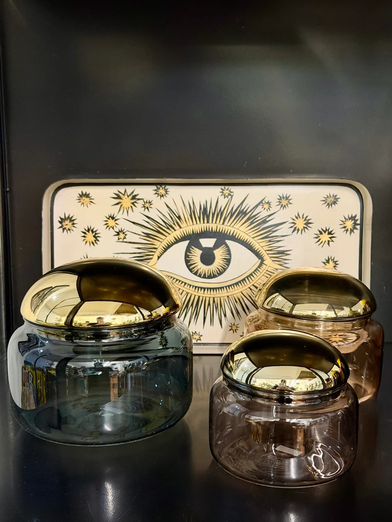 Glasdose VOILE S aus Borosilikatglas – Grau & Gold