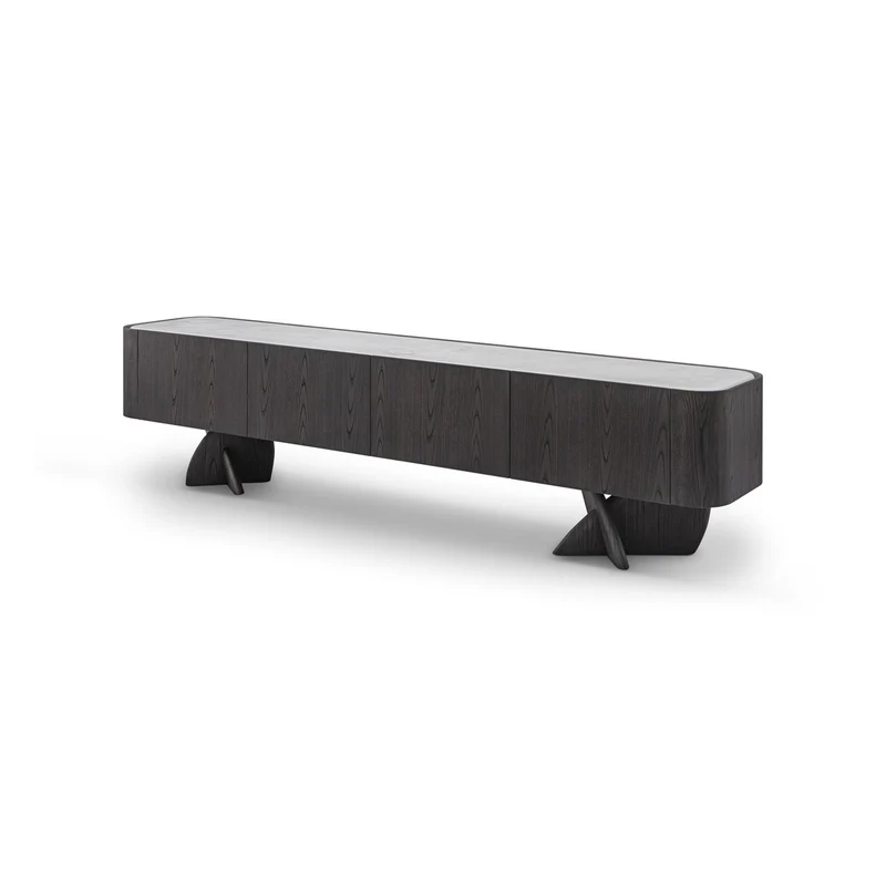 Casa Padrino Luxus TV Lowboard Dunkelgrau / Grau 220 x 42 x H. 52 cm - TV Lowboard mit Travertin - Moderne Wohnzimmer Möbel - Luxus Qualität
