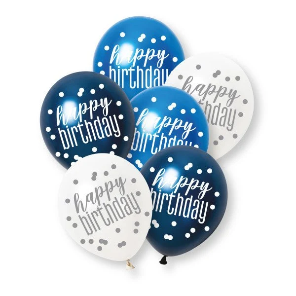 6ct Glitz Blue „Happy Birthday“ Pearl Premium 30 cm Latexballons