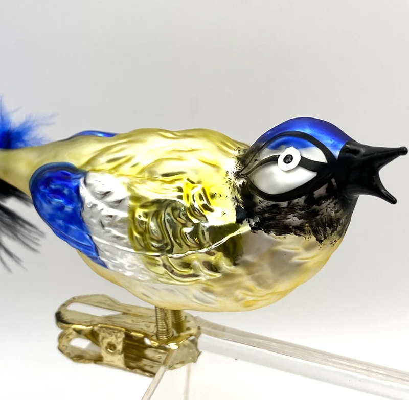 Zwitschernde Blaumeise auf Clip mit Naturfeder