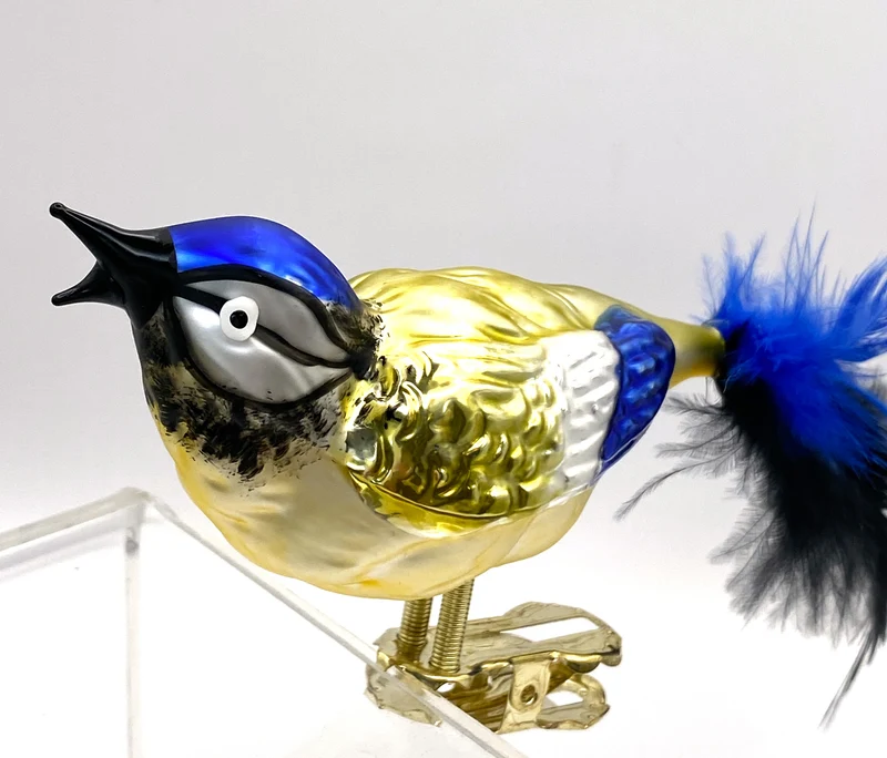 Zwitschernde Blaumeise auf Clip mit Naturfeder