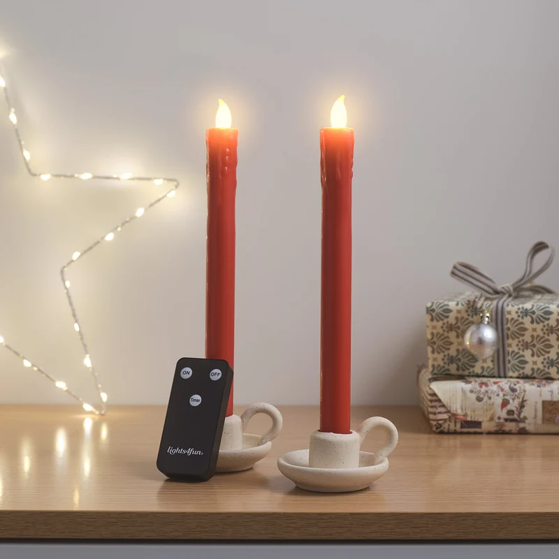 2er Set LED Tafelkerzen Echtwachs Rot mit Fernbedienung