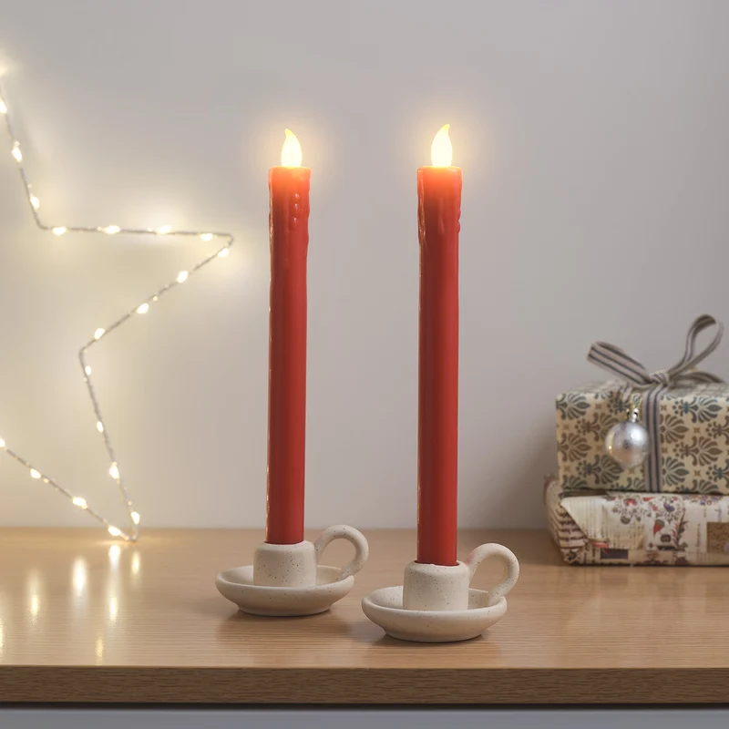 2er Set LED Tafelkerzen Echtwachs Rot mit Fernbedienung