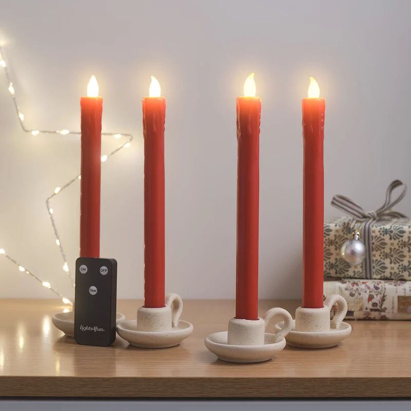 2er Set LED Tafelkerzen Echtwachs Rot mit Fernbedienung