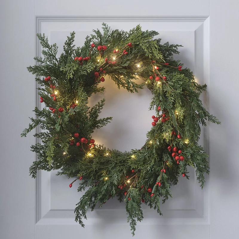 45cm Weihnachtskranz rote Beeren mit Beleuchtung