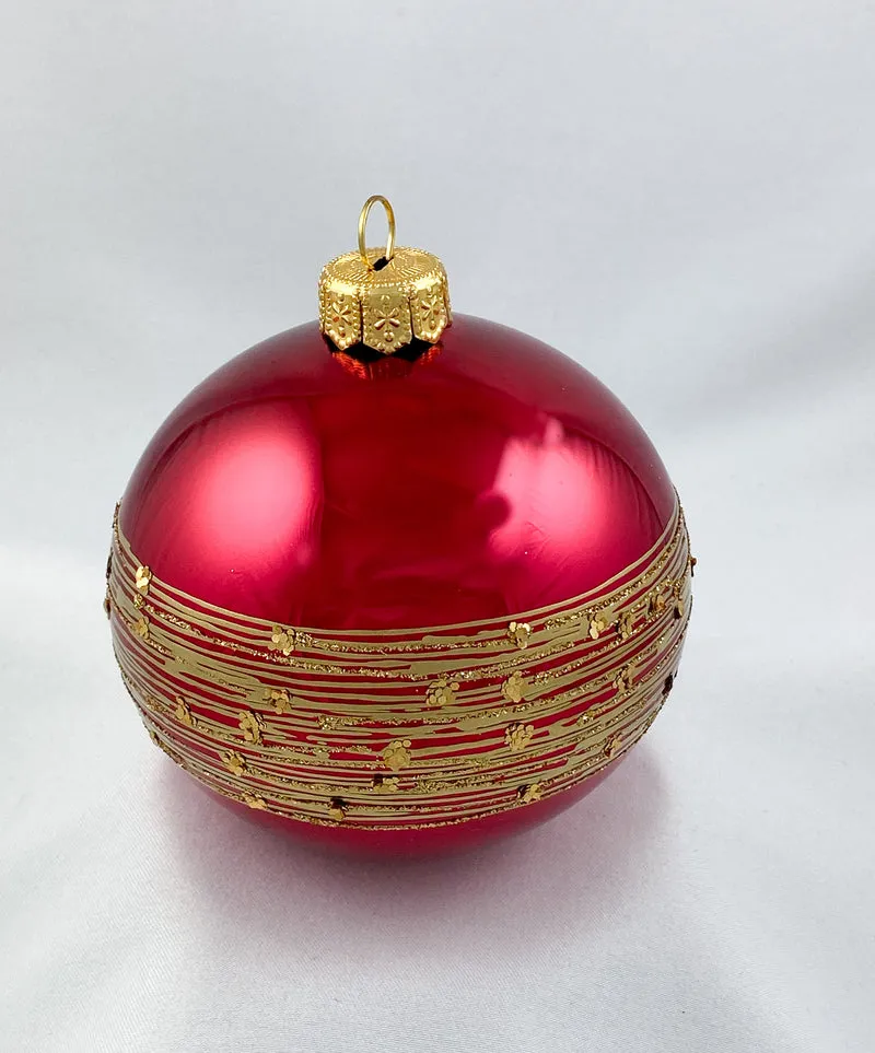 Kugel dunkles glänzendes Magenta mit goldenem Streifendekor