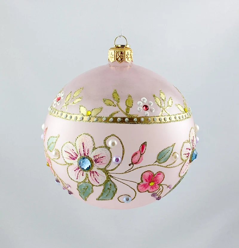 Transparente Kugel in Rosa mit Blütenranken und Glitzersteinen, GlitterLab