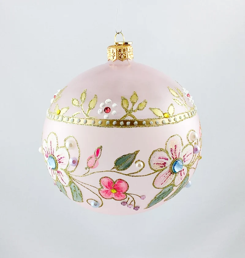 Transparente Kugel in Rosa mit Blütenranken und Glitzersteinen, GlitterLab