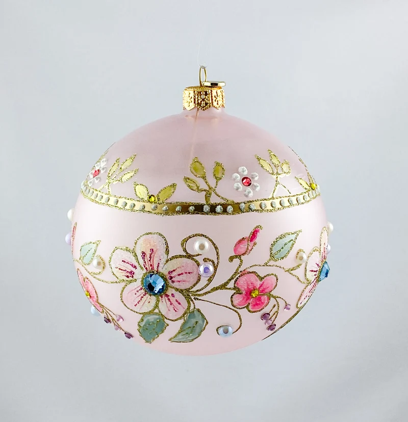 Transparente Kugel in Rosa mit Blütenranken und Glitzersteinen, GlitterLab