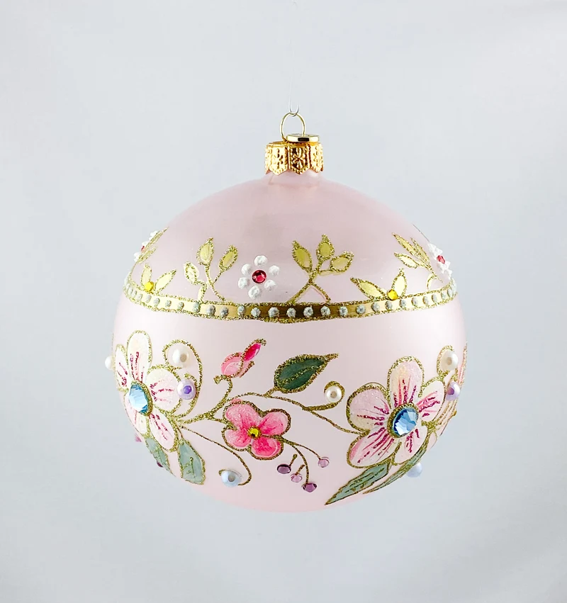 Transparente Kugel in Rosa mit Blütenranken und Glitzersteinen, GlitterLab