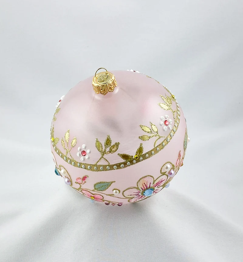 Transparente Kugel in Rosa mit Blütenranken und Glitzersteinen, GlitterLab