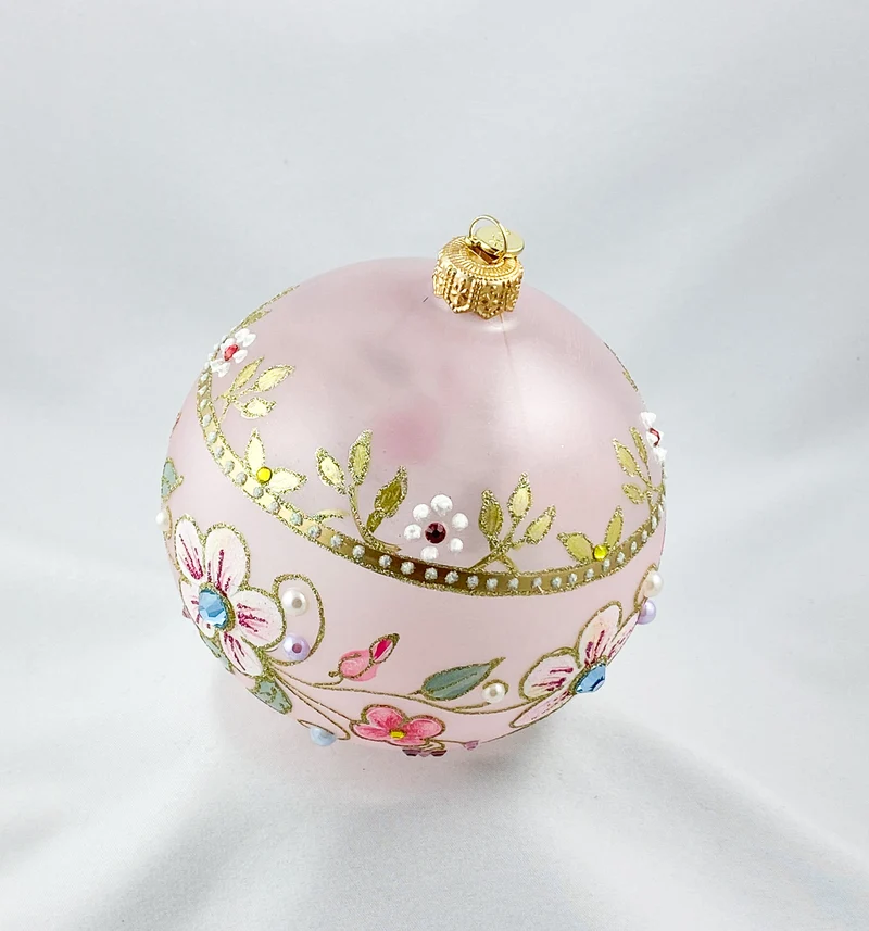 Transparente Kugel in Rosa mit Blütenranken und Glitzersteinen, GlitterLab