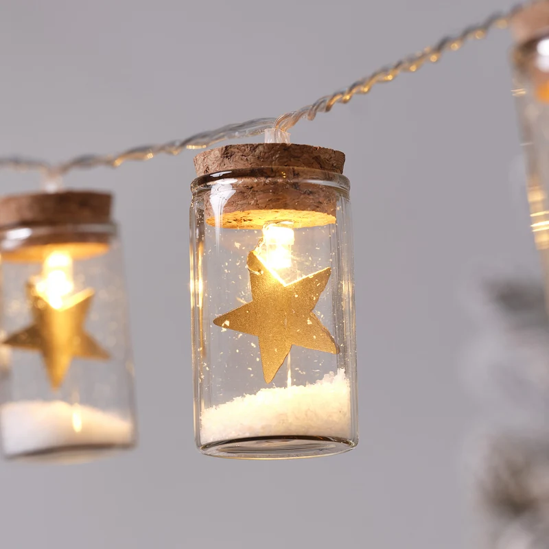 10er LED-Lichterkette Laterne mit Sternen aus Glas in Gold