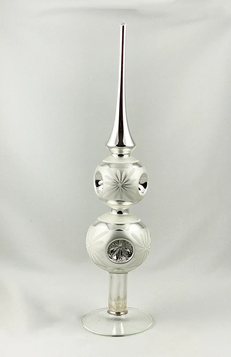 Baumspitze Silber, zwei Kugeln mit Reflex, mit weissem Blüten-Motiv