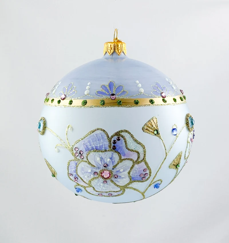 Transparente Kugel in hellblau mit Blüten und Glitzersteinen, GlitterLab