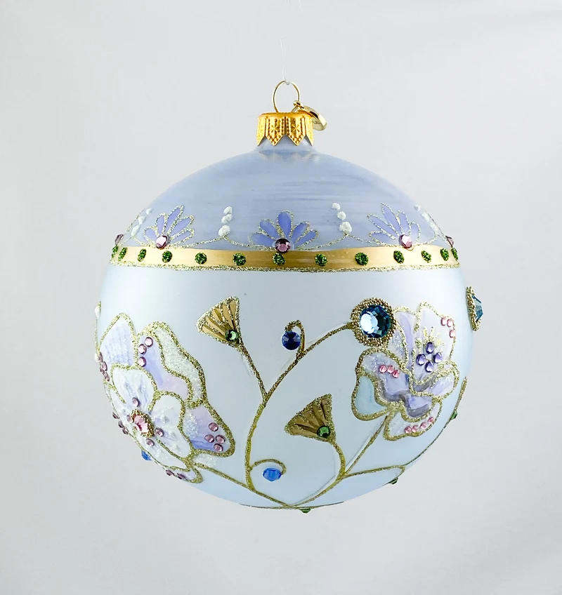 Transparente Kugel in hellblau mit Blüten und Glitzersteinen, GlitterLab