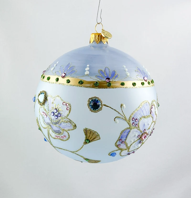 Transparente Kugel in hellblau mit Blüten und Glitzersteinen, GlitterLab