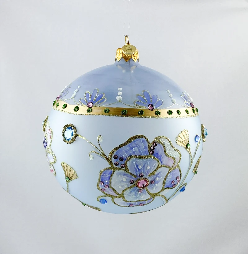 Transparente Kugel in hellblau mit Blüten und Glitzersteinen, GlitterLab