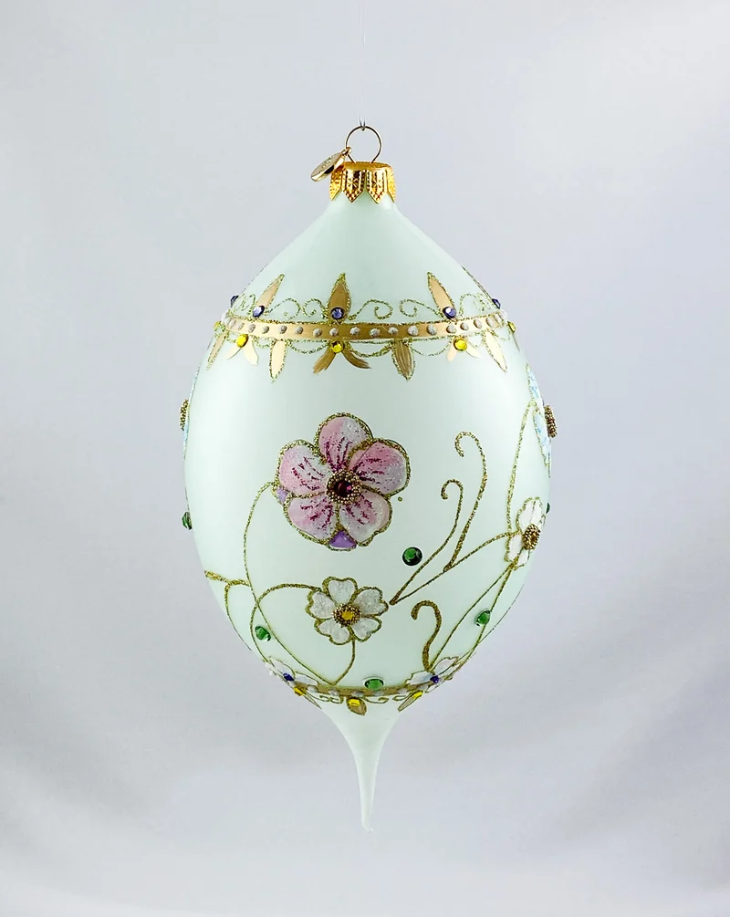 Transparente Tropfenform in Mint mit rosa und hellblauen Blüten und Glitzersteinen, GlitterLab
