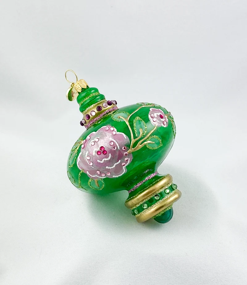 Grün transparente Zwiebelform mit rosa Blüten und Glitzersteinen, GlitterLab