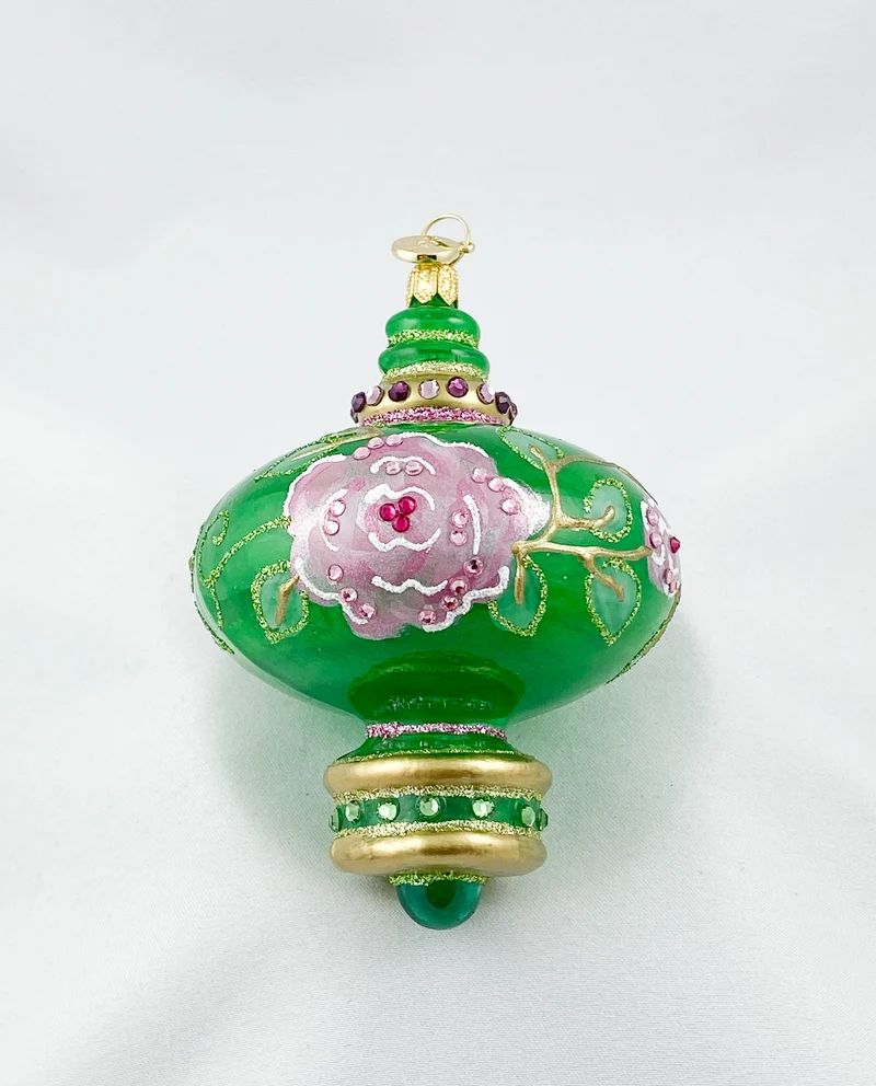 Grün transparente Zwiebelform mit rosa Blüten und Glitzersteinen, GlitterLab
