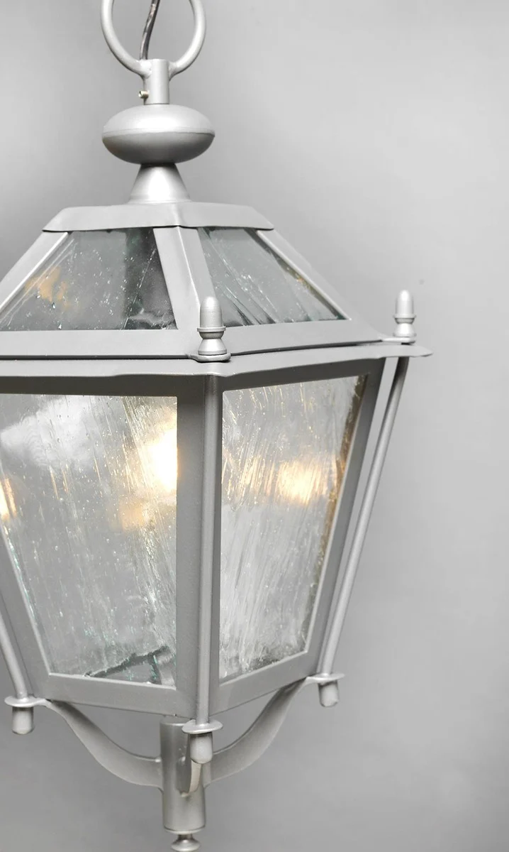 Casa Padrino Luxus Außen Hängeleuchte Laterne Grau B. 25 x H. 45 cm - Handgefertigte Laterne aus Schmiedeeisen - Luxus Kollektion - Edel & Prunkvoll
