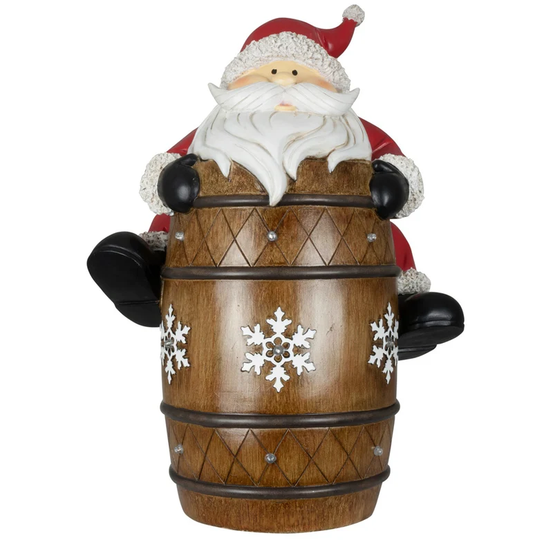 XXL LED Tisch-Deko Weihnachtsmann auf Fass 39cm
