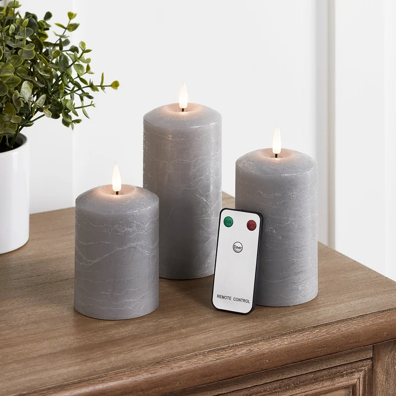 TruGlow® LED Kerzen Echtwachs Trio grau mit Fernbedienung