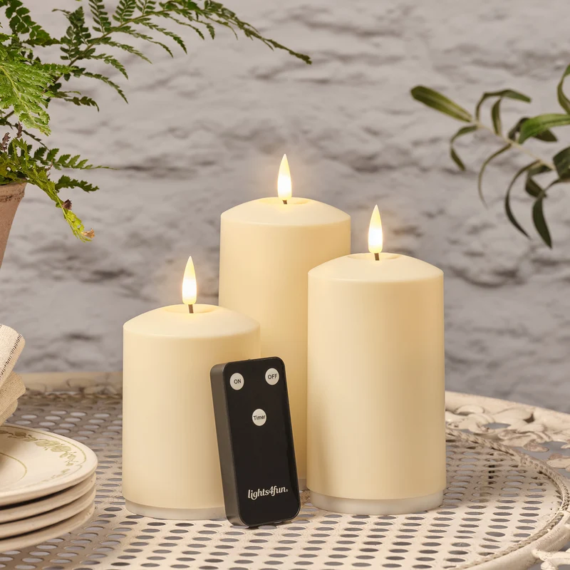 3er Set TruGlow® wiederaufladbare Outdoorkerzen mit Fernbedienung