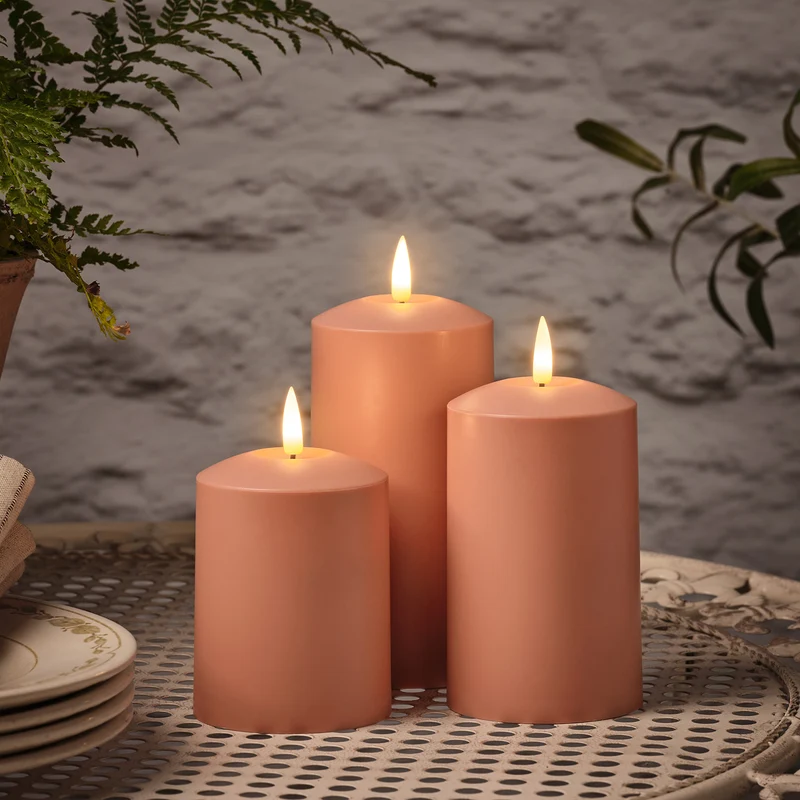 TruGlow® LED Outdoor Kerzen Trio terracottafarben mit Fernbedienung