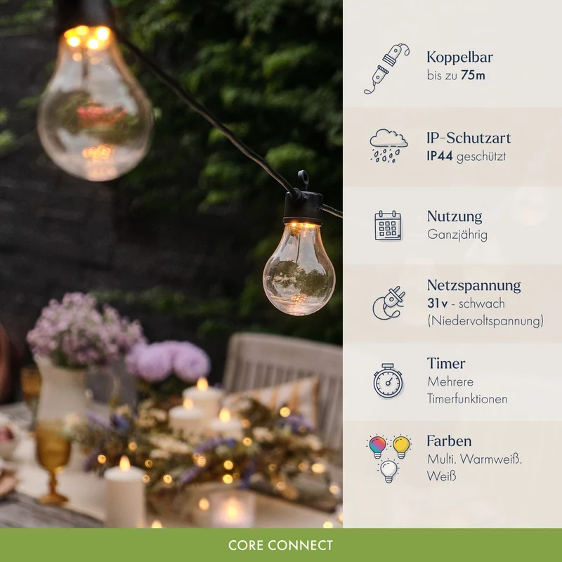 Core Connect 5m 10er Party Lichterkette warmweiß koppelbar schwarzes Kabel