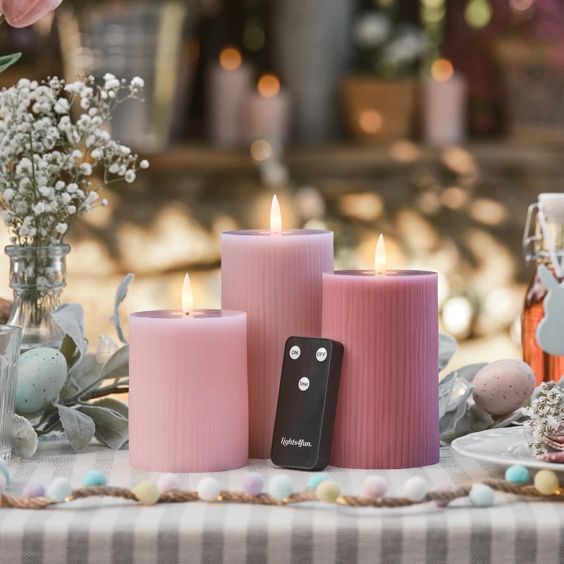 TruGlow® LED Kerzen Echtwach Trio geriffelt rosa