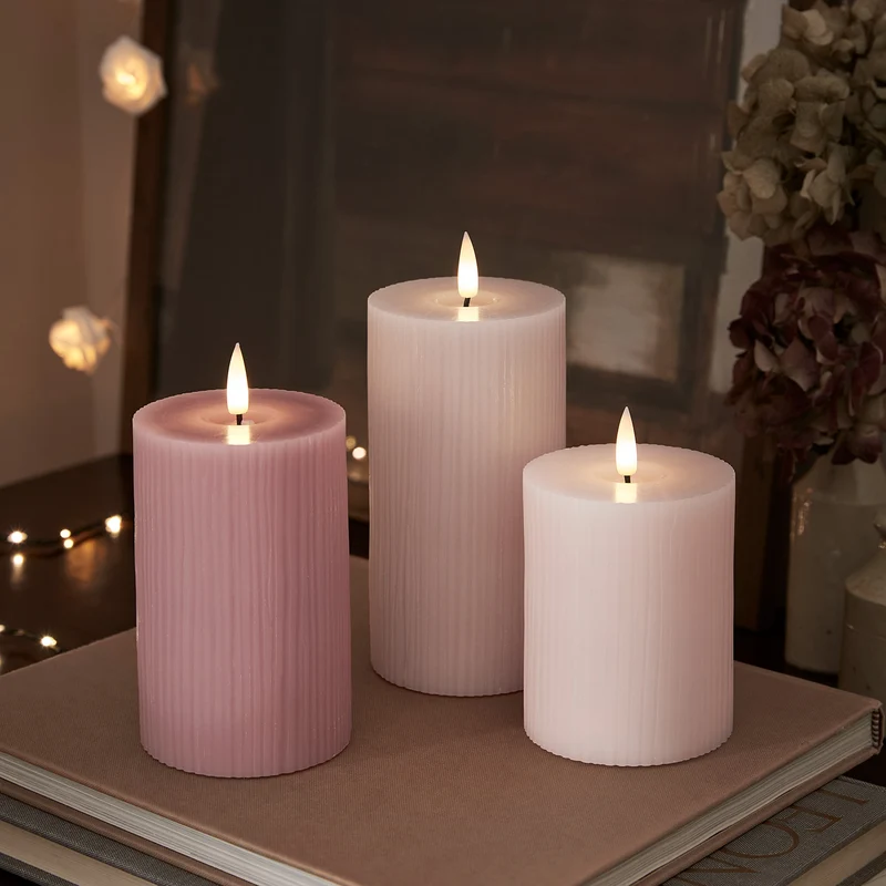 TruGlow® LED Kerzen Echtwach Trio geriffelt rosa