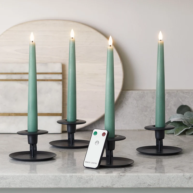 4er Set TruGlow® LED Stabkerzen Echtwachs eukalyptusgrün mit Fernbedienung