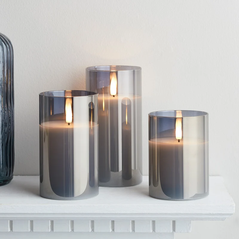 TruGlow® LED Kerzen Echtwachs Trio in Rauchglas mit Fernbedienung