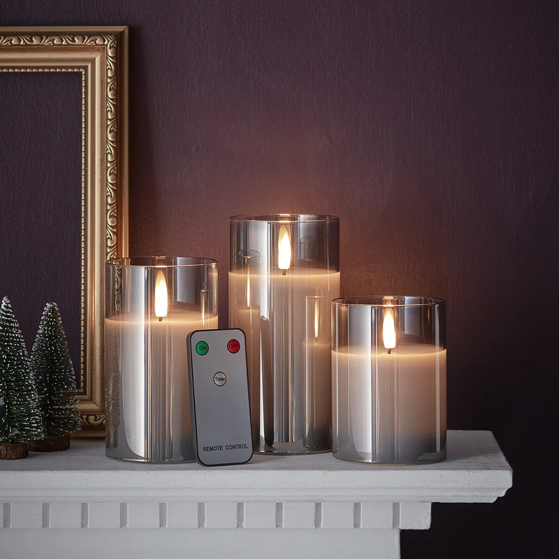 TruGlow® LED Kerzen Echtwachs Trio in Rauchglas mit Fernbedienung
