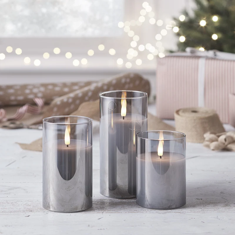 TruGlow® LED Kerzen Echtwachs Trio in Rauchglas mit Fernbedienung