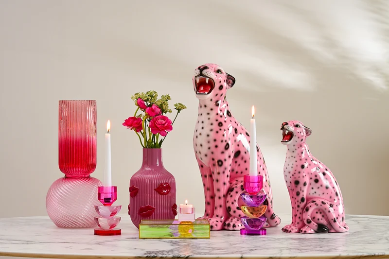 Dekofigur WILDCAT LEOPARD M in Rosa, 20x51x33cm