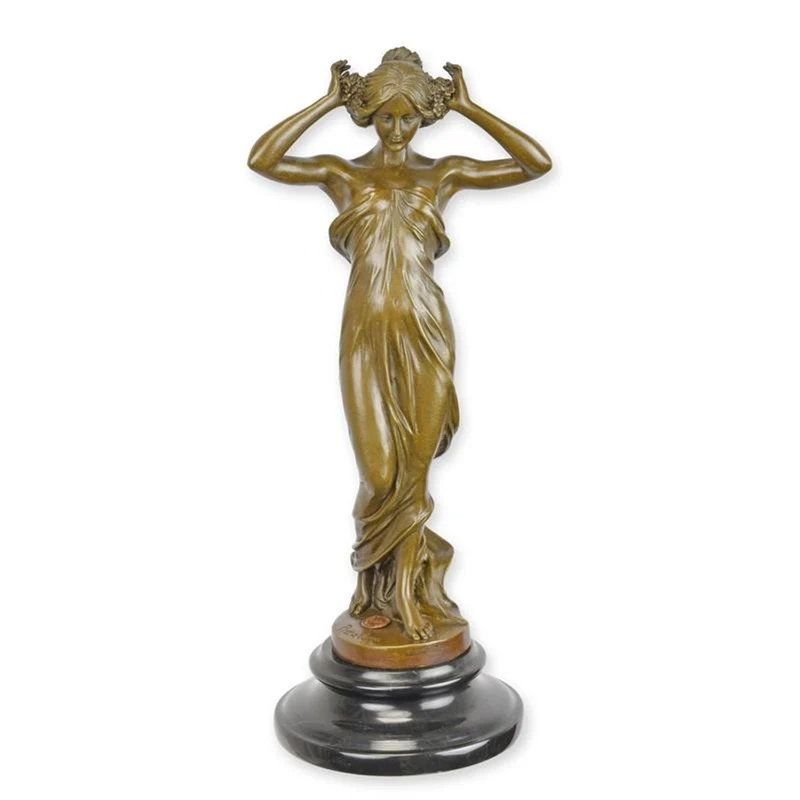 Casa Padrino Luxus Jugendstil Bronzefigur Nymphe im fließenden Gewand Bronze / Schwarz 12,9 x 14,7 x H. 34,3 cm - Bronze Skulptur mit Marmorsockel - Jugendstil Deko Figur - Frauen Skulptur