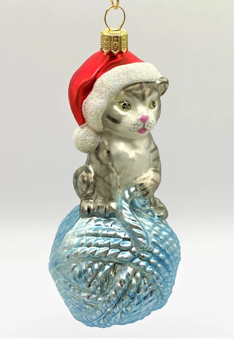 Graue Tiger-Katze sitzt auf hellblauem Wollknäuel