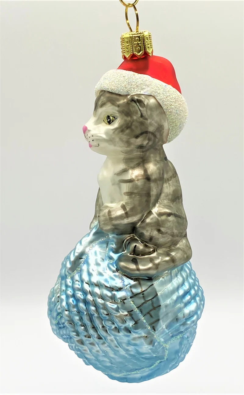 Graue Tiger-Katze sitzt auf hellblauem Wollknäuel