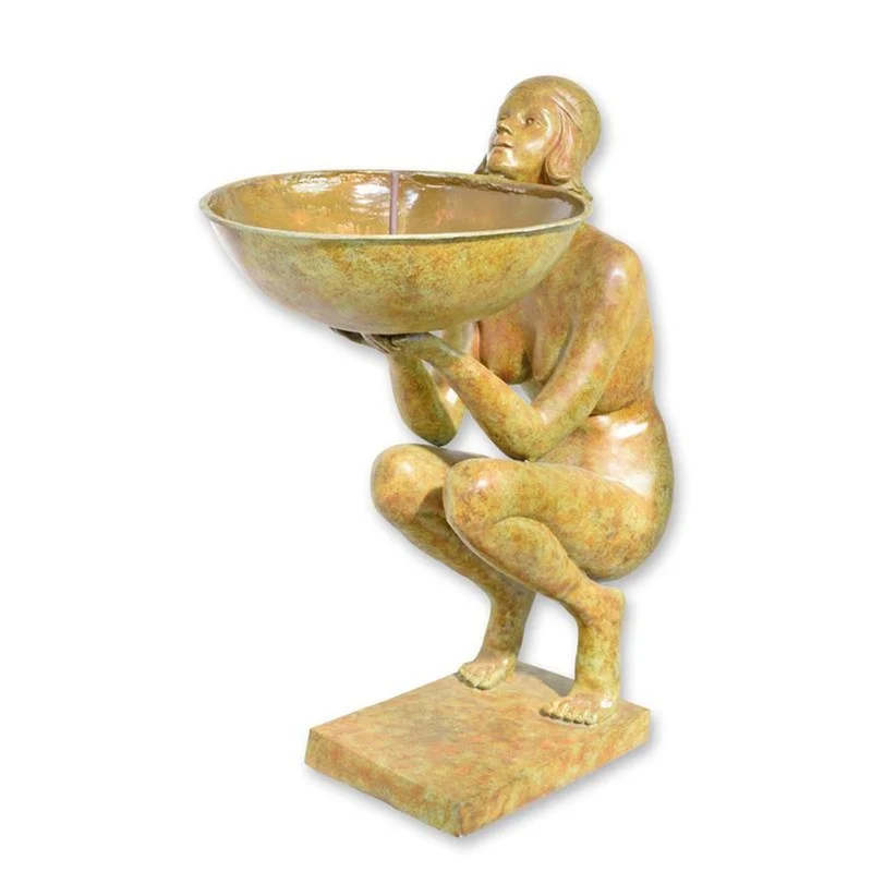 Casa Padrino Luxus Art Deco Bronzefigur Kniende Frau mit Schale Bronze / Ocker / Grün 63 x 100 x H. 126 cm - Bronze Brunnen Skulptur - Vogeltränke - Garten & Terrassen Deko